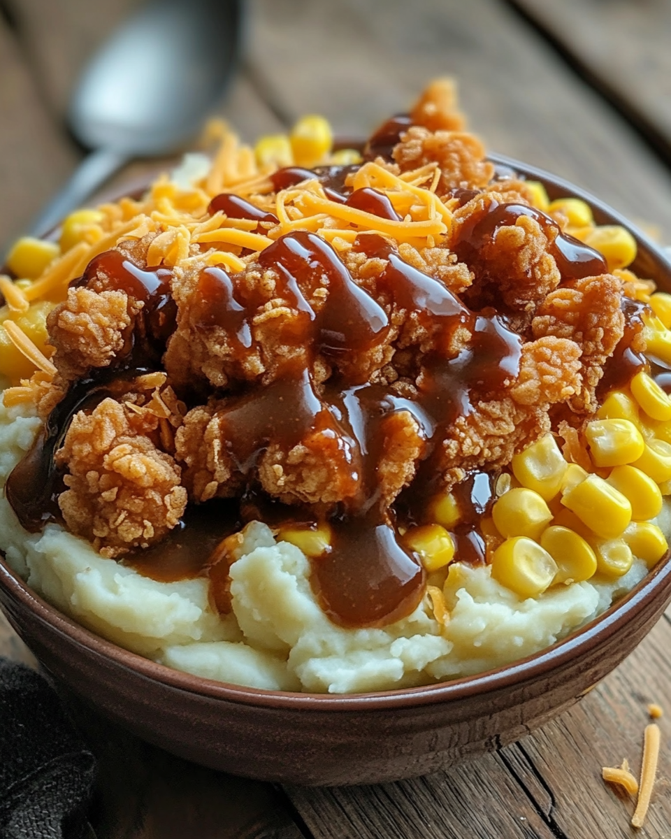 Learn how to make easy Homemade KFC Bowls with instant mashed potatoes, popcorn chicken, corn, and gravy for the perfect comfort food meal.