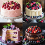 A collection of four beautifully decorated cakes, each adorned with fresh berries and elegant frosting designs.