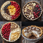 A collection of four beautifully decorated pies featuring fresh fruit, chocolate shavings, and whipped cream in unique designs.