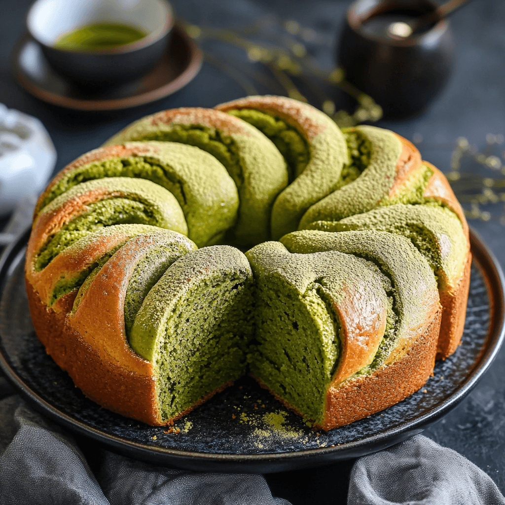 A beautifully braided matcha pan, a Japanese sweet bread with a vibrant green color, dusted with matcha powder and served on a black plate.