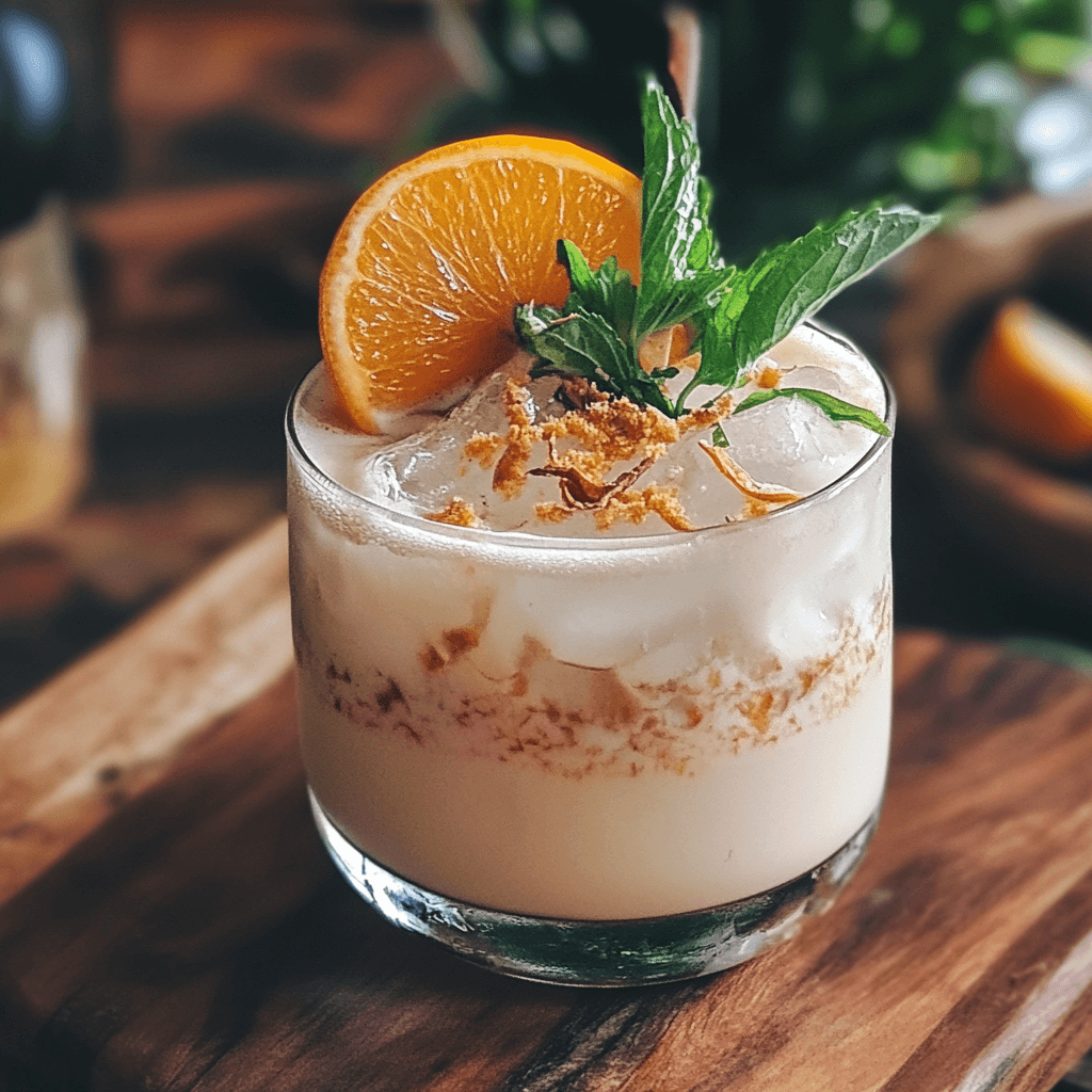 A creamy, iced beverage garnished with an orange slice, fresh mint, and crumbled topping, served in a glass on a wooden surface.