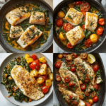 A collection of four delicious pan-seared fish dishes served with cherry tomatoes, spinach, and flavorful seasonings.