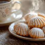 A plate of freshly baked madeleines dusted with powdered sugar, served with a cup of hot tea.