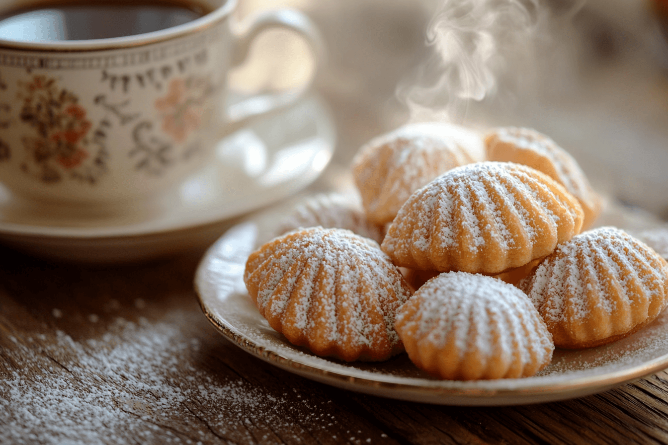 A plate of freshly baked madeleines dusted with powdered sugar, served with a cup of hot tea.