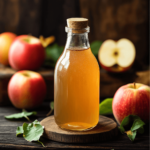 A glass bottle of apple cider vinegar with a cork lid, surrounded by fresh apples on a rustic wooden surface.