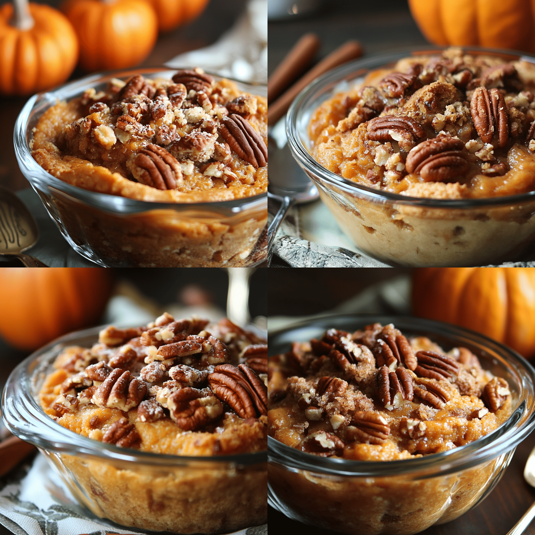 A warm and gooey pumpkin pecan cobbler in a glass dish, topped with crunchy pecans and brown sugar crumble, perfect for fall desserts.