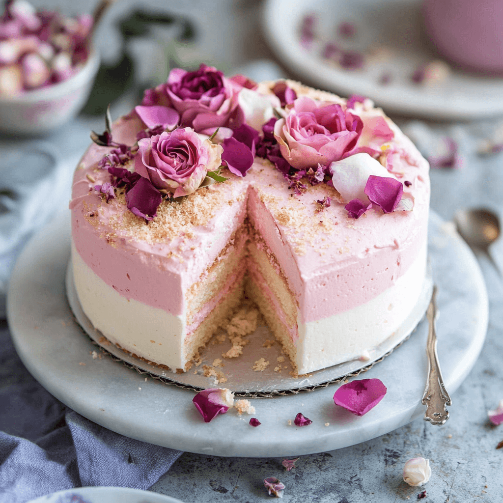 A beautifully decorated rose milk cake with pink and white frosting, topped with fresh roses and crushed biscuits, served on a marble platter.