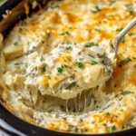 A creamy, cheesy spinach artichoke dip in a skillet, garnished with fresh parsley, with a spoon lifting a gooey portion.