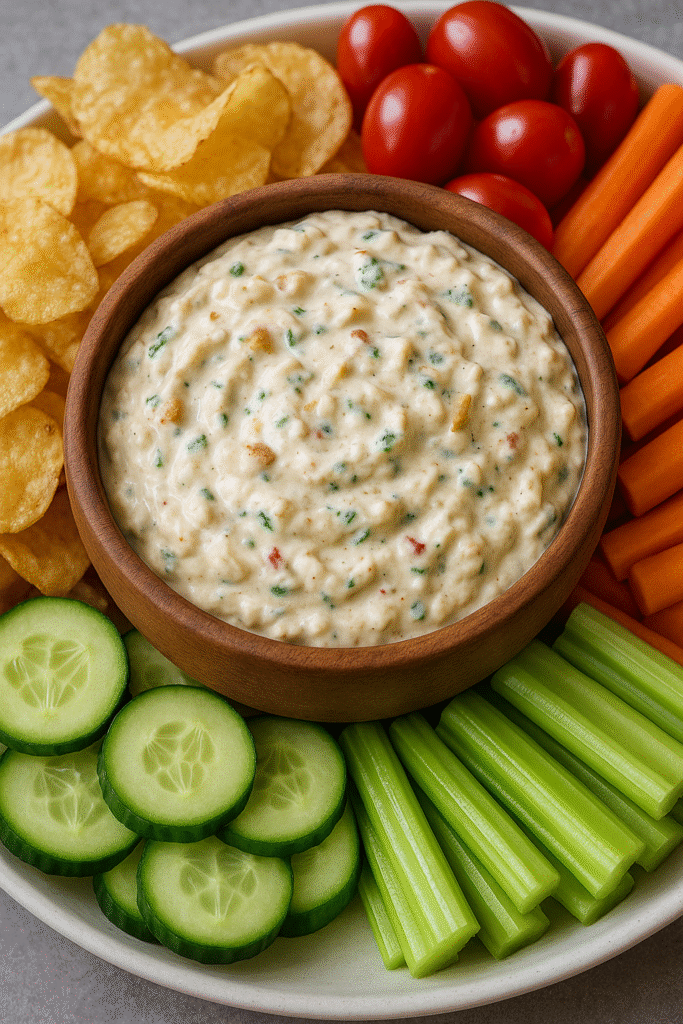 Humpty Dumpty Dip served with chips and veggies