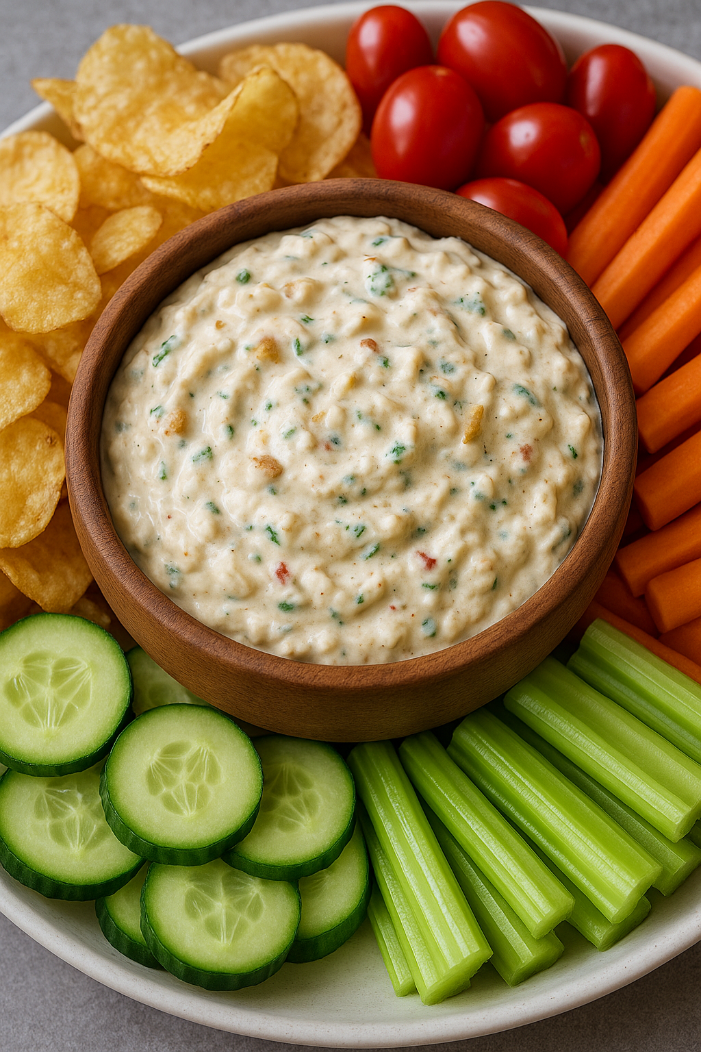 Humpty Dumpty Dip served with chips and veggies