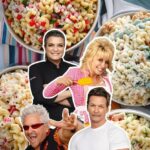 Four celebrity chefs—Alex Guarnaschelli, Dolly Parton, Guy Fieri, and Mark Wahlberg—pose in front of bowls of colorful macaroni salad in a recipe face-off.