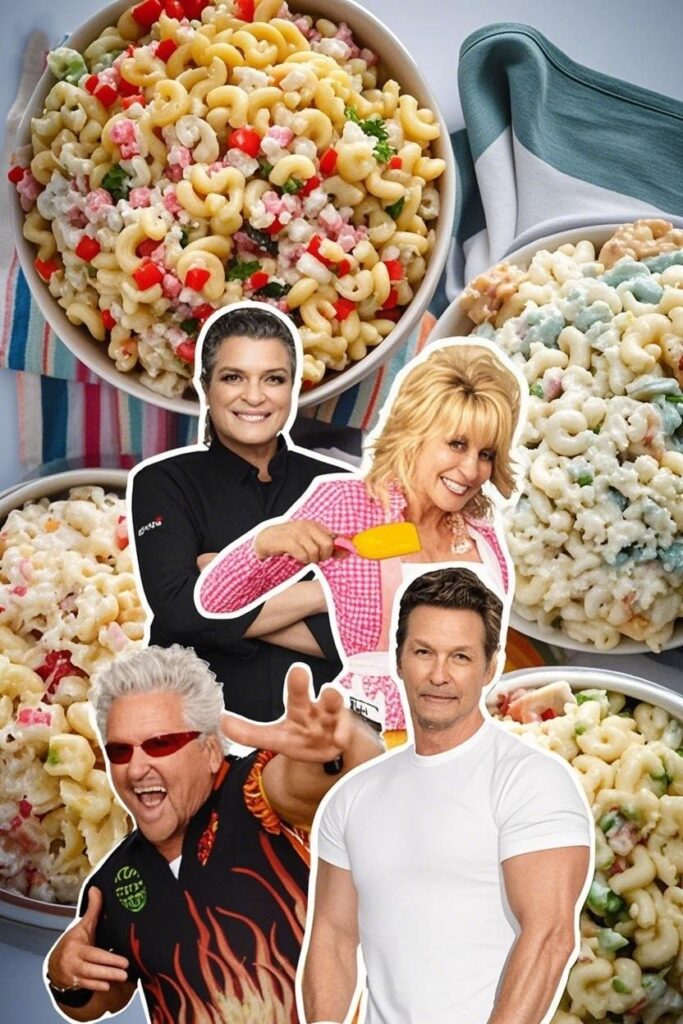 Four celebrity chefs—Alex Guarnaschelli, Dolly Parton, Guy Fieri, and Mark Wahlberg—pose in front of bowls of colorful macaroni salad in a recipe face-off.