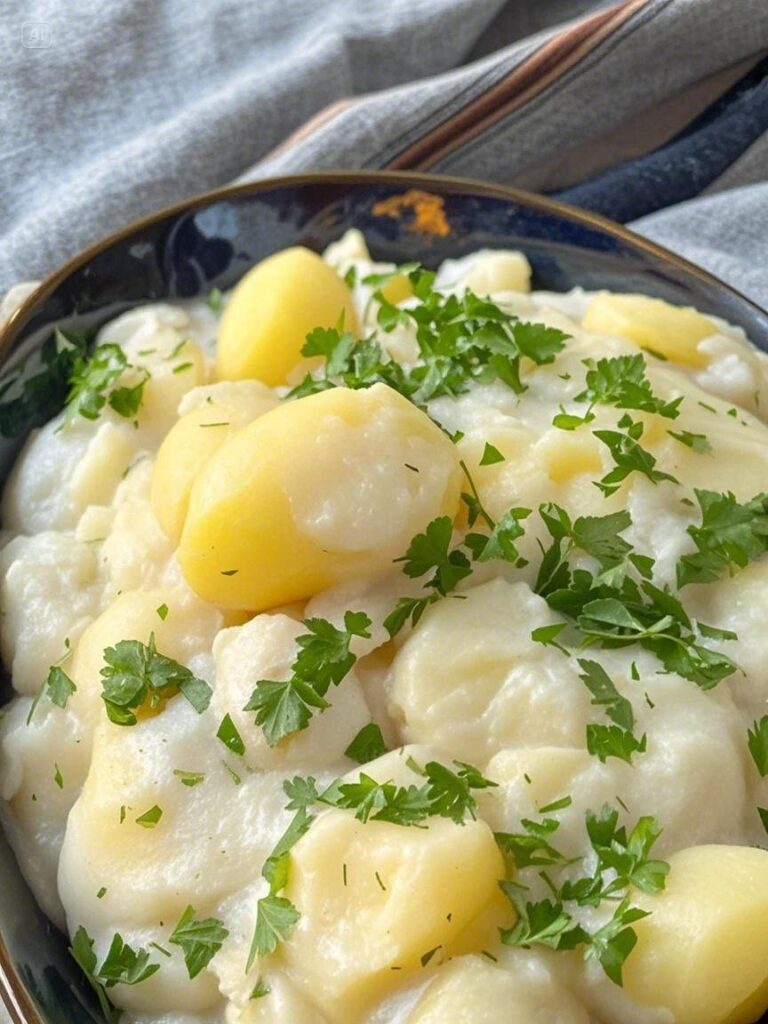 Creamy Victorian stewed potatoes garnished with fresh parsley in a rustic bowl