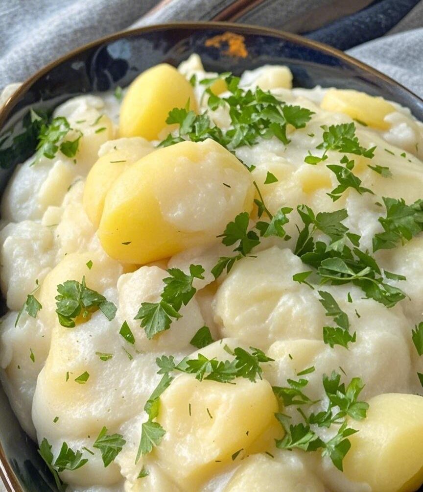 Creamy Victorian stewed potatoes garnished with fresh parsley in a rustic bowl