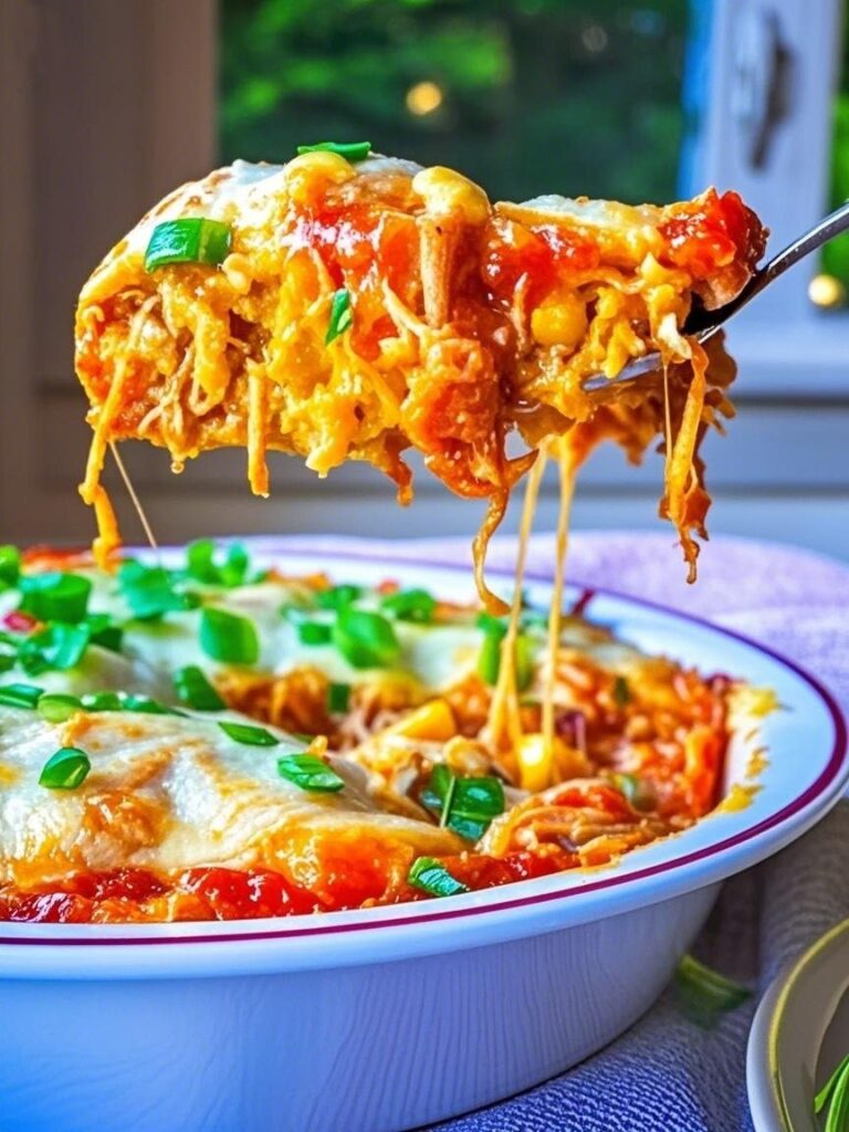 Cheesy chicken tamale pie slice being lifted from a casserole dish, topped with green onions and melted cheese
