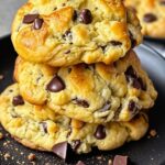 Stack of thick and molten chocolate chip cookies with gooey chocolate chunks on a black plate