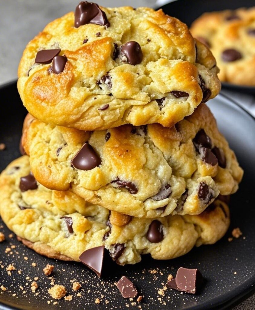 Stack of thick and molten chocolate chip cookies with gooey chocolate chunks on a black plate