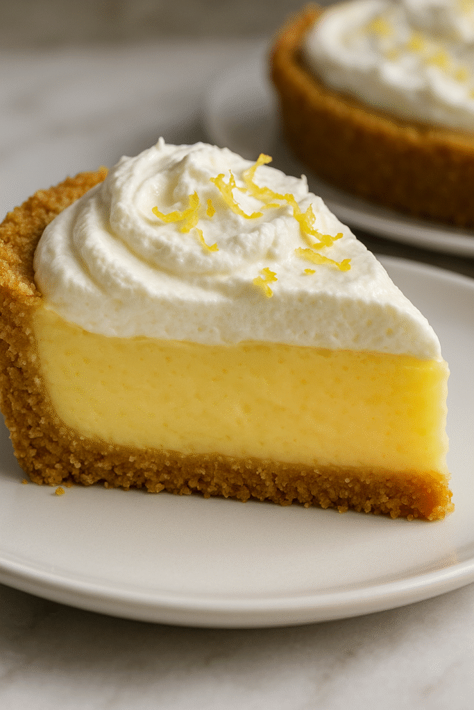 Ohio Lemon Pie slice close-up with graham crust and whipped topping