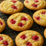 Lemon raspberry cookies on cooling rack with golden edges
