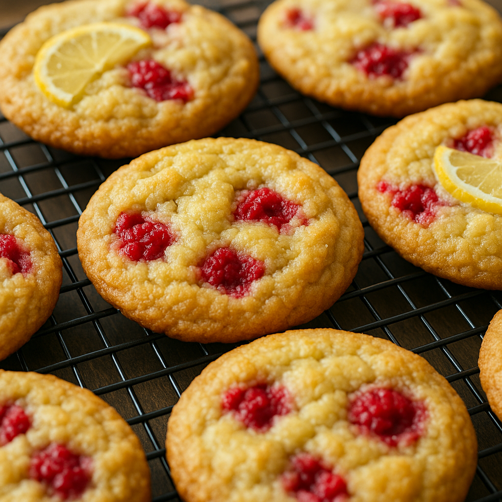 Lemon raspberry cookies on cooling rack with golden edges