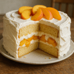 Peaches and cream cake sliced open on a rustic table