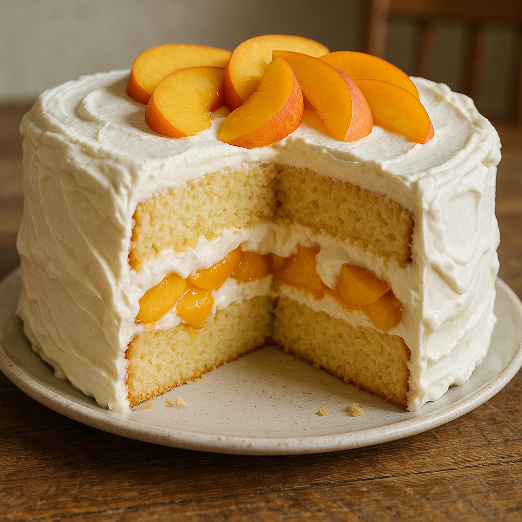 Peaches and cream cake sliced open on a rustic table